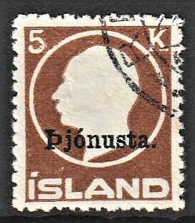 FRIMÆRKER ISLAND | 1922 - AFA 42 - Overtryk Pjonusta - 5 kr. brun - Stemplet